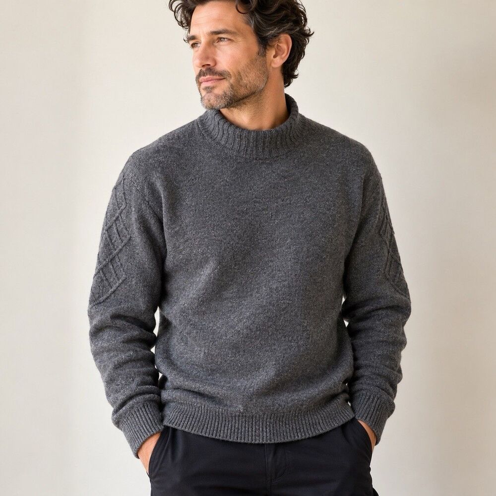 Bachrach Men's M Gray Cashmere Blend Mock Neck Sweater Cable Knit Quiet Luxury